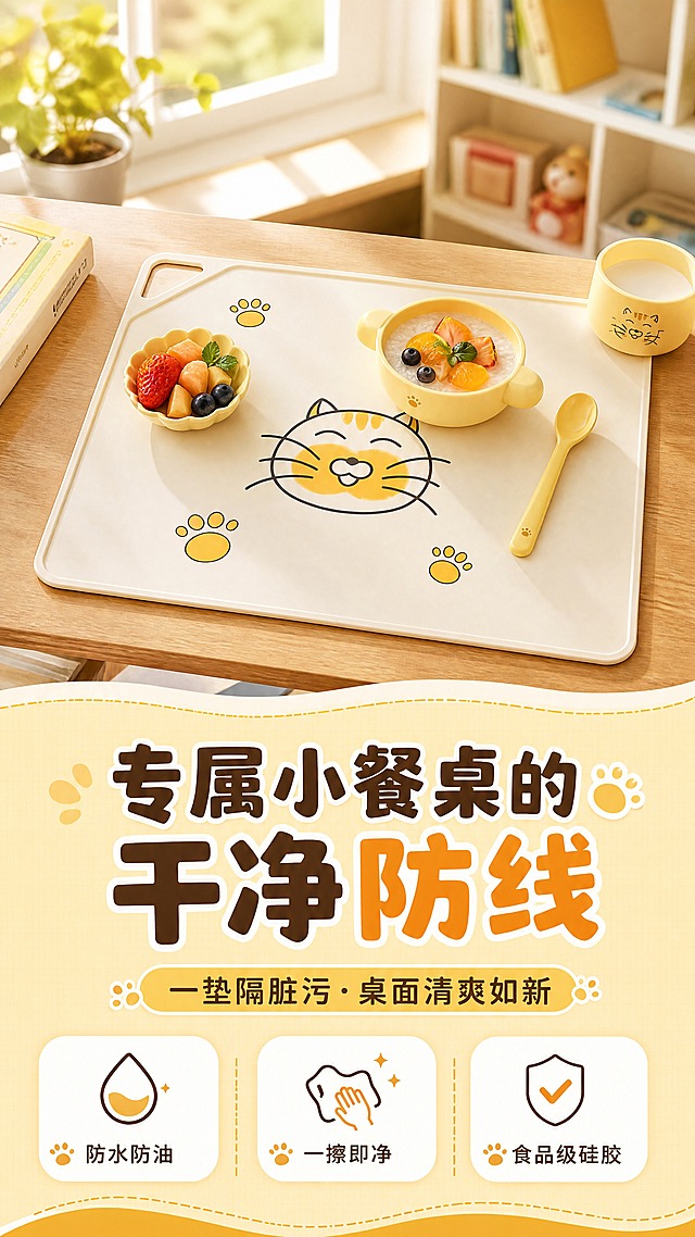 [商品] 使用【图1】幸运猫儿童硅胶餐垫；保留米白色基底、橘色猫咪笑脸图案、四个橘色猫爪印、左上角挂孔、圆角包边、硅胶材质质感；餐垫图案、颜色、比例、结构完全保真，不改变猫咪表情和爪印位置。
[画面] 页面目标：头图海报，突出一垫隔脏的核心利益。构图：上下分栏，上半部分为温馨儿童房书桌场景，餐垫平铺在木质书桌上，上面放着儿童碗勺和水果；下半部分为标题信息区。主体占画面约55%，俯视角45度，景别为中景。阅读动线从上到下。前景：餐垫及餐具；中景：木质书桌；后景：虚化的儿童房窗户和绿植。场景氛围：清晨阳光洒入，明亮温馨的居家氛围。
[视觉] 套系策略：风格=温馨童趣亲子风商业摄影；标题字=圆润可爱圆角黑体；正文字=清晰无衬线黑体；主色=奶黄橘+米白；背景延展=基于奶黄橘做深浅层级、同色渐变和柔和纸张/木质质感；强调色=暖橘色，仅用于小面积图标、引线和标签；标题色=深棕咖；正文色=暖灰棕；组件=圆角白底信息卡、可爱爪印图标、虚线引线；光影=左前侧暖柔光，自然窗边光感。
[文字] 顶部大主标题「专属小餐桌的干净防线」，副标题「一垫隔脏污·桌面清爽如新」，下方3个短卖点图标+文字：防水防油、一擦即净、食品级硅胶。文字区位于画面下半部，不遮挡餐垫主体和猫咪图案。所有文字横向排版。
[规格] 图片比例9:16竖版，4K分辨率，淘宝/天猫详情页适配，中文文案；避免变形、错字、文字过小、冷蓝/冷灰背景、餐垫图案改变、猫咪表情失真。