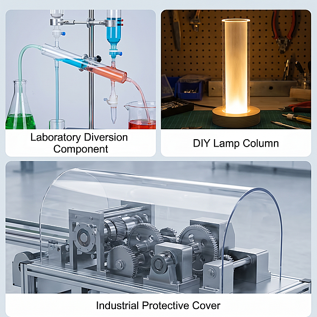 [Main Image 7] Multi-Scenario Applications showcase for PMMA Acrylic Hollow Round Tube. Three grid layout, each grid displays one application scenario. Top left: laboratory transparent diversion component application, top right: DIY handmade lamp column, bottom: industrial equipment visual protective cover. Each scenario has a small title below it. The overall layout is uniform, professional and clear, highlight that this product is applicable to multiple different scenarios. Keep all acrylic tubes material transparency consistent with original images. Background light industrial style, clean and uniform. All text in English, clear text. 1:1 ratio 2K resolution, ultra HD. Negative prompt: deformation, watermark, text disorder, product blur, messy background