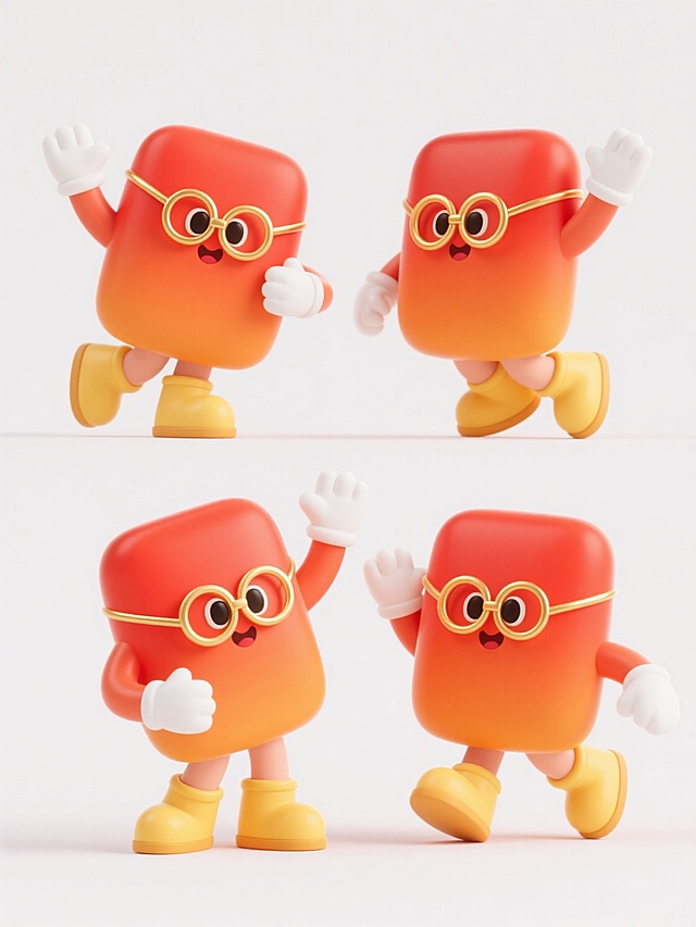 一组4个不同动作的卡通红包角色，3D立体风格，橙红色渐变主体，金色圆形眼镜，白色手套，黄色靴子，圆润饱满的形态，明亮柔和的光影效果，光滑细腻的材质，简洁干净的白色背景，符合现实物理逻辑的动态姿势，适合作为素材使用的可爱喜庆形象