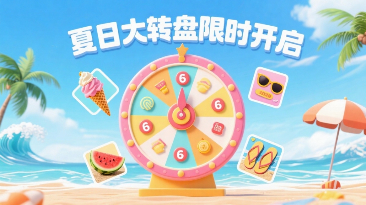夏日大转盘抽奖活动banner，蓝天白云背景，中心是彩色旋转大转盘，指针指向奖品区域，周围分布4张礼品图（冰镇西瓜、冰淇淋甜筒、太阳镜、沙滩拖鞋），顶部有“夏日大转盘限时开启”白色立体文字，画面点缀海预览效果