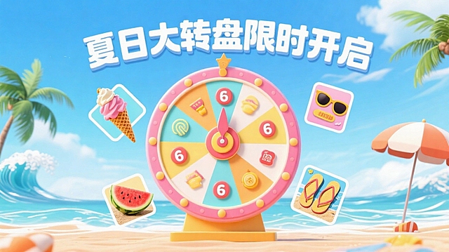 夏日大转盘抽奖活动banner，蓝天白云背景，中心是彩色旋转大转盘，指针指向奖品区域，周围分布4张礼品图（冰镇西瓜、冰淇淋甜筒、太阳镜、沙滩拖鞋），顶部有“夏日大转盘限时开启”白色立体文字，画面点缀海浪、椰子树、遮阳伞等夏日元素，色彩明亮清新，充满夏日氛围