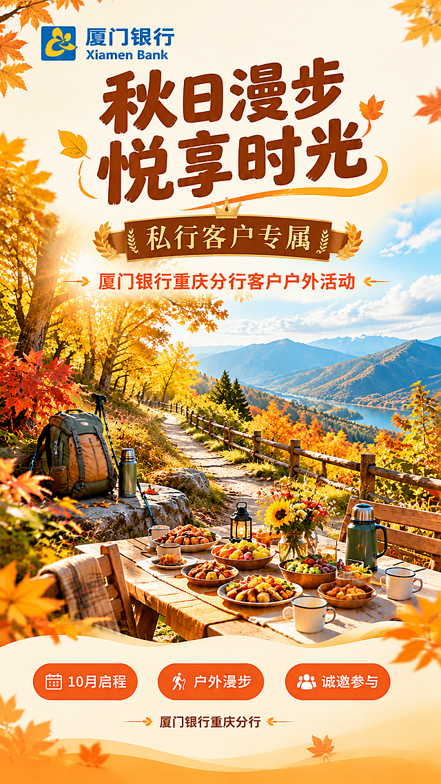 在这张秋日徒步聚餐活动海报基础上进行修改：1. 左上角添加厦门银行logo（蓝底金色花瓣图形标志+厦门银行中英文名称），logo清晰醒目；2. 去掉右下角的二维码占位框；3. 突出邀约对象为私行客户群体，在主标题下方或副标题位置添加"私行客户专属"字样，使用高端感字体，体现私行客户尊贵身份；4. 整体保持原有的橙黄暖秋配色、清新自然风格和户外徒步聚餐氛围；5. 其他元素（秋日山林、徒步场景、聚餐美食等）保持不变，版式精美，文字清晰可读。