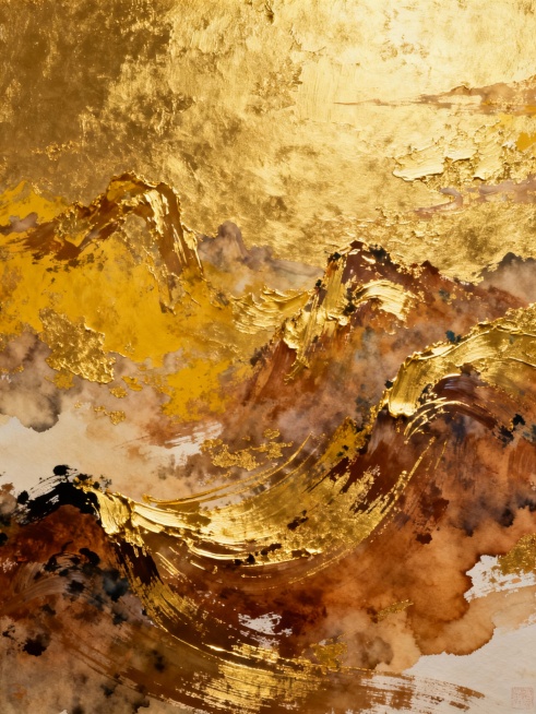 鎏金质感的抽象背景，以大面积的金色、黄铜色和暖棕色为主色调，呈现出丰富的纹理和挥洒式的笔触，仿佛是用金色颜料随性而富有力量地涂抹、挥洒而成。画面中隐约可见写意的山水轮廓，线条流畅而富有动感，营造出一种大气磅礴、意境悠远的氛围。整体风格庄重而典雅，充满了中式韵味，展现出国运昌荣、繁荣昌盛的景象，色彩和谐统一，光影过渡自然，笔触厚重且富有层次感，兼具油画的质感与水彩的通透晕染效果，构图饱满均衡，视……预览效果