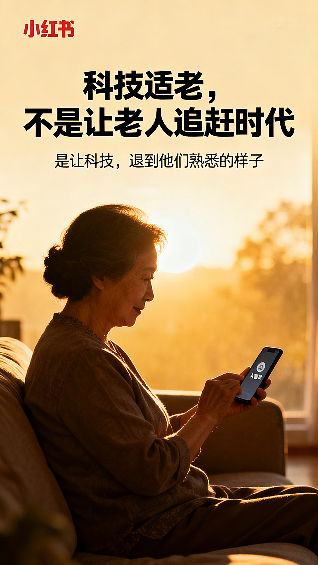 情感收尾内页，大标题"科技适老，不是让老人追赶时代"，副标题"是让科技，退到他们熟悉的样子"，配图是逆光下妈妈坐在沙发上使用手机AI管家的侧影，整体画面有温馨温暖氛围，符合小红书图文风格