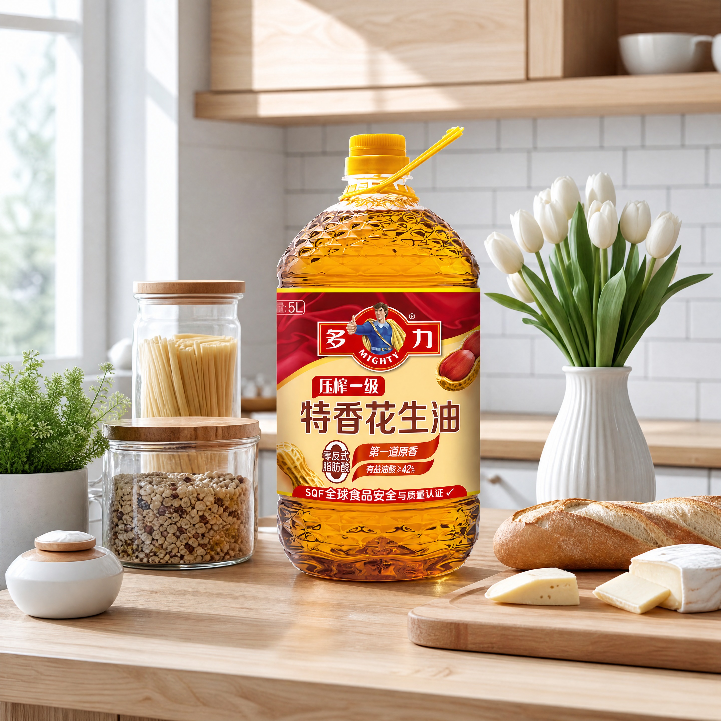超写实北欧原木厨房场景摄影。 主体：花生油桶严格参照上传产品图… - 图片创意预览