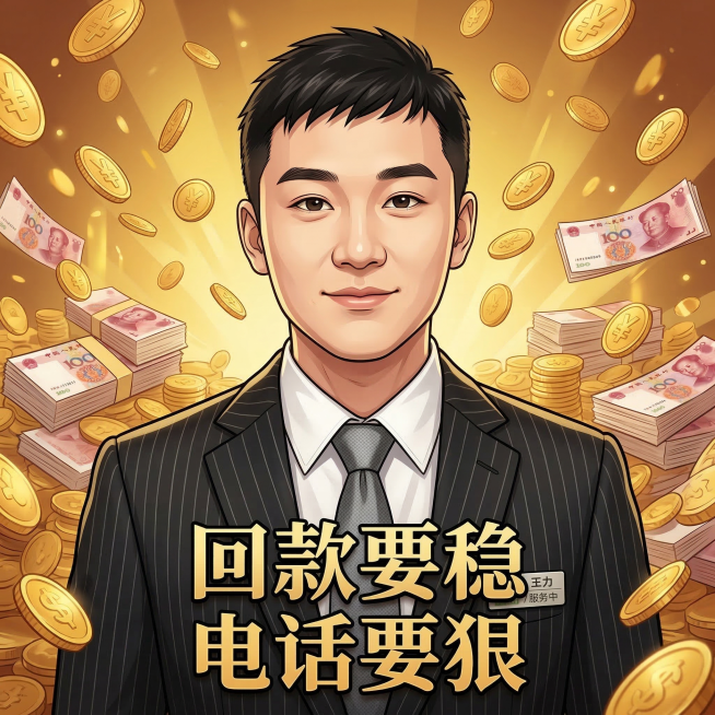 参考原图人物，重新生成温和表情的正方形漫画版头像，保留人物原型特征，添加文字“回款要稳，电话要狠”，背景营造收款金钱氛围，表情自然温和不要狰狞预览效果