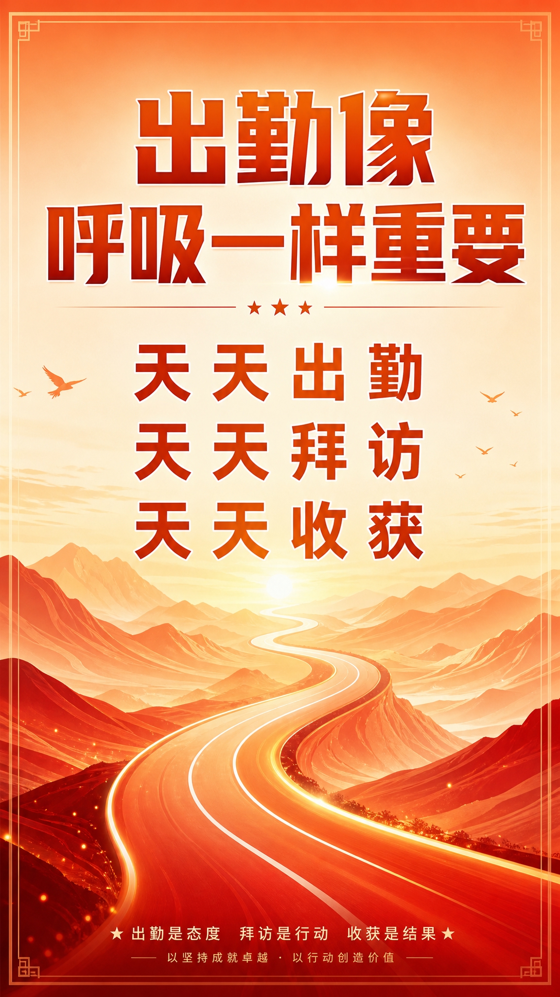一张竖版企业文化宣传海报，主题为出勤重要性宣传，暖橙红色系，大… - 图片创意预览