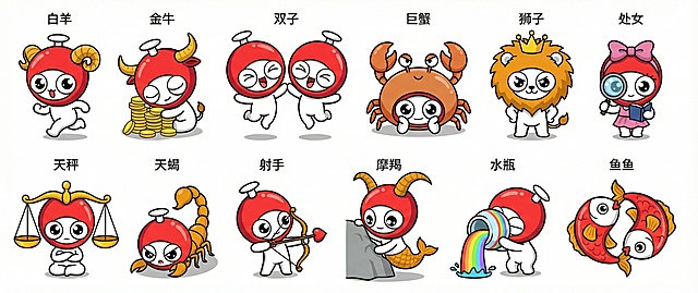 参考这张图片帮我生一张相同风格 不同形态的十二星座 卡通ip