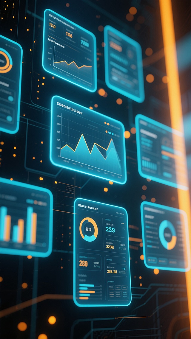 赛博朋克风格的数据可视化界面，深蓝色与青色为主色调，辅以橙黄色光点作为点缀，整体呈现出科技感与未来感。画面中多个半透明的矩形数据窗口层叠排列，窗口内包含各种图表（如折线图、柱状图）、数据指标和文字信息，部分窗口边缘有发光的蓝色边框。背景为深色，散布着许多细小的光点和模糊的线条，营造出深邃的数字空间氛围。光线从右侧照射，形成柔和的光晕效果，增强了画面的层次感和立体感。界面设计具有强烈的科技感和信息密度，视觉层级清晰，主要数据图表通过大小和亮度被突出显示，文字采用无衬线字体，与整体风格统一，信息传达高效，符合科技产品展示或数据监控场景的设计需求。