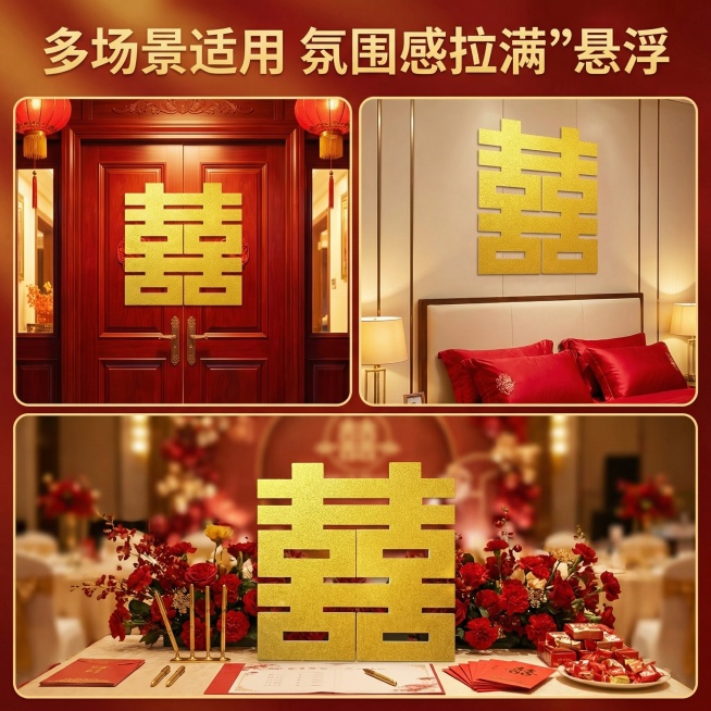 [垫图]用户上传的鎏金喜字图
[主图主题] 鎏金喜字多场景使用展示
[氛围/风格] 温馨喜庆风格，生活化场景
[画面元素] 3格拼图布局，左上格展示喜字贴在婚房大门的效果，右上格展示喜字贴在卧室床头背预览效果