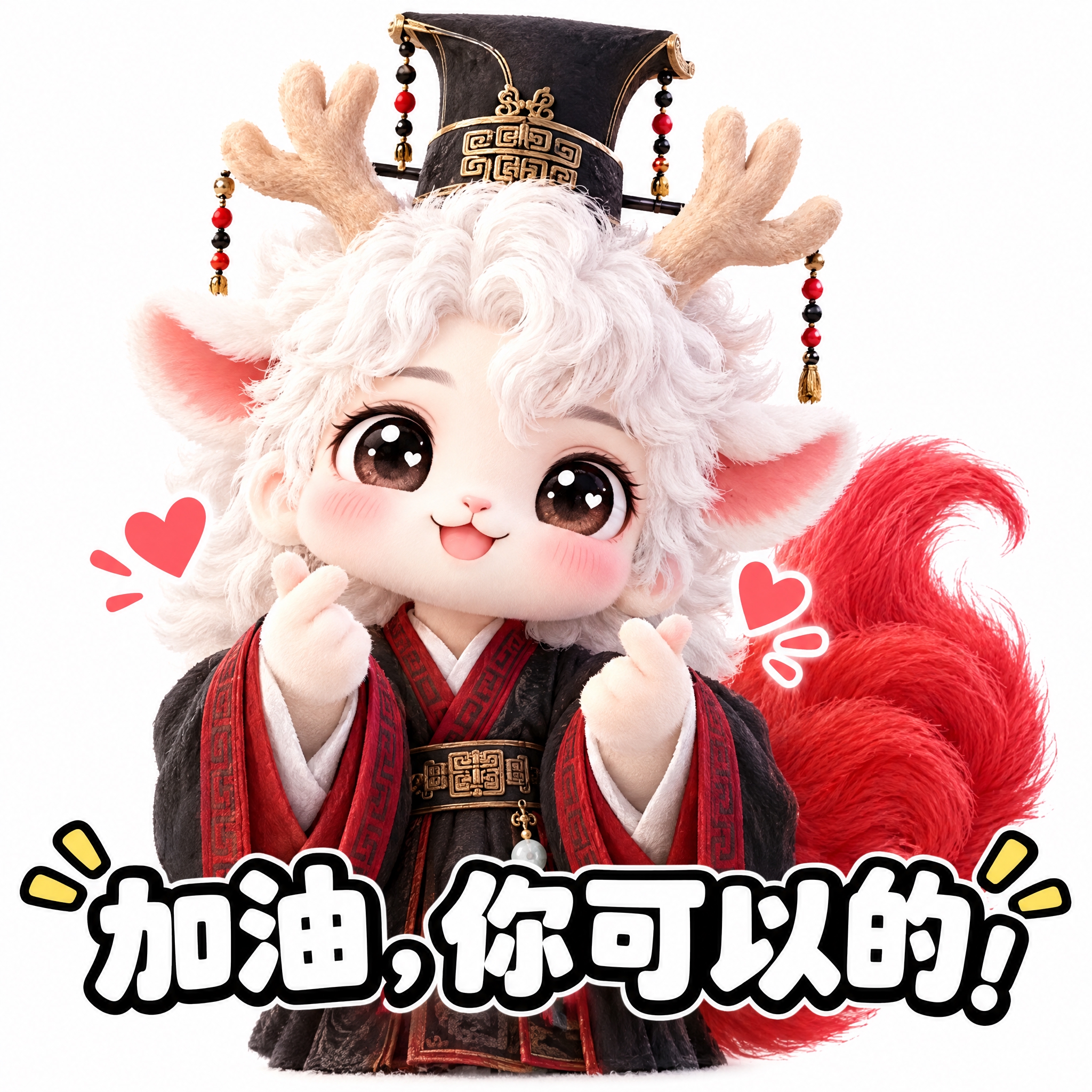 参考图中的白色鹿角人形神兽（穿黑红汉服、戴高冠），做成可爱表情… - 图片创意预览