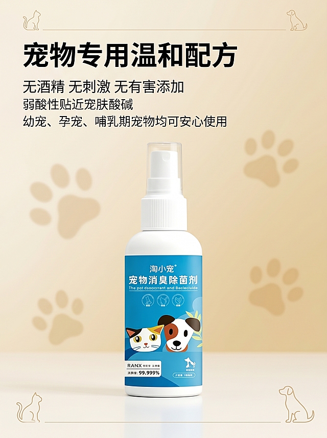 安全配方解析温和无害主图，米白渐变浅金纹理背景，低饱和柔化爪印满铺暗纹，极简猫狗线条剪影点缀边角，整体柔和治愈轻奢高级风；宠物消毒除臭剂产品放置在画面视觉中心区域，保持产品外观物理结构、材质质感、颜色与输入产品图绝对一致，杜绝任何变形和色差；柔光质感画面干净不杂乱；文案排版：大字文案 "宠物专用温和配方" 粗体醒目，下方辅助文案 "无酒精 无刺激 无有害添加" "弱酸性贴近宠肤酸碱" "幼宠、孕宠、哺乳期宠物均可安心使用" 字号缩小层级分明，文字放置在画面负空间不遮挡产品主体，文字清晰锐利；商业摄影质感光线柔和通透，3:4比例，2K分辨率，无变形无水印无文字错乱背景杂乱。