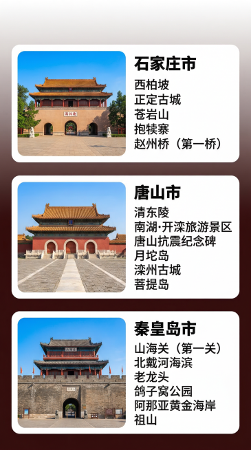 参考上传图片的版式排版，制作河北省景点说明书，本页是第一页，包含石家庄市、唐山市、秦皇岛市三个地级市板块组。一个城市为一板块组，将每个城市的景点名称整齐排在城市名字的下方。城市名字为黑体字，比景点名字预览效果