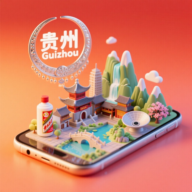 一个安卓手机创意微缩场景，手机平放，左侧四分之三面对着观众，手机俯视角度，手机上是贵州城市景观微缩模型，有贵阳的甲秀楼，遵义的遵义会议旧址和茅台酒，安顺的黄果树瀑布，黔东南的西江苗寨，黔南的荔波小七孔预览效果