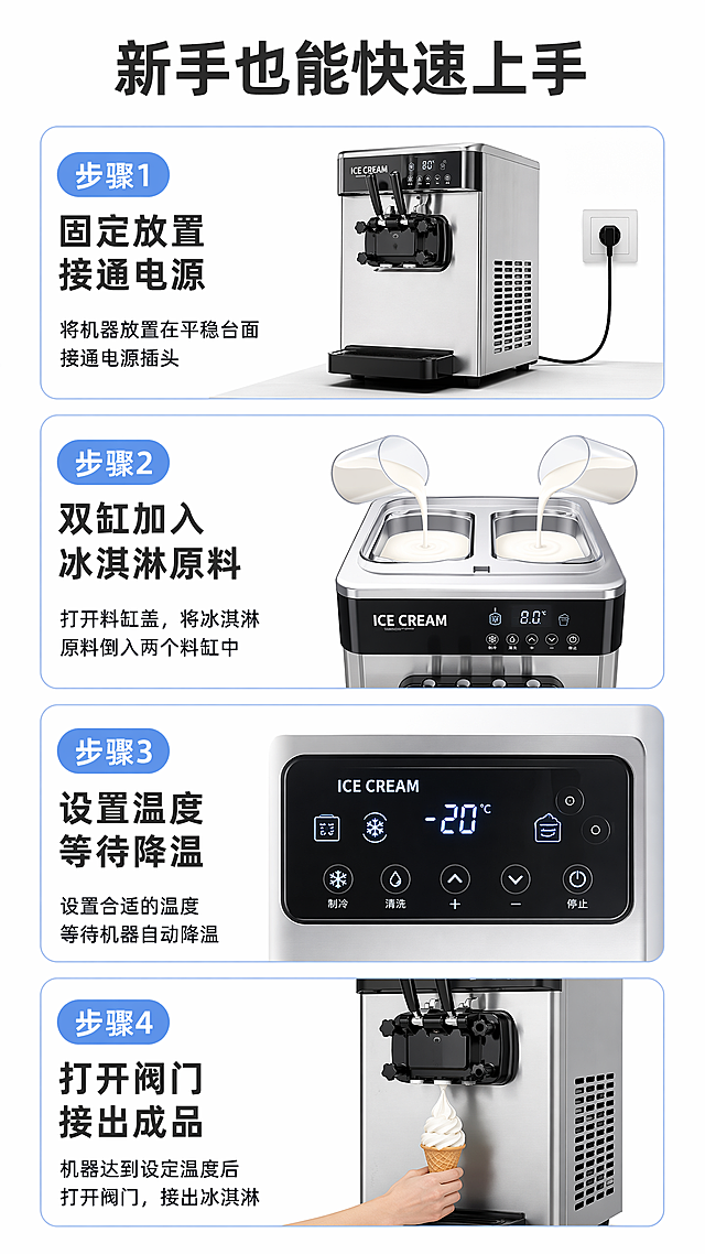 [第14屏] 安装使用步骤屏，分步展示简单安装使用流程。
[氛围/风格] 步骤清晰说明风，简洁明了，降低使用门槛。
[元素布局] 四个步骤纵向排列，每个步骤配简约示意图加文字说明，从上到下依次为：1.放置机器接电、2.加入原料、3.设置参数等待、4.开机出料；步骤清晰连贯。
[光影质感] 每个步骤示意图清晰，光线均匀，文字对比明显。
[配色色系] 全局底色 #ffffff；步骤浅蓝边框，深灰标题文字，黑色步骤说明。
[视角构图] 纵向分步排版，每个步骤等分占比，从上到下依次阅读。
[文字版式] 顶部主标题「新手也能快速上手」，每个步骤标注：「步骤1 固定放置 接通电源」「步骤2 双缸加入冰淇淋原料」「步骤3 设置温度 等待降温」「步骤4 打开阀门 接出成品」；步骤文字简短，手机清晰可读。
[比例分辨率] 9:16 竖版比例，2K分辨率，文字清晰可辨，高清画质。
[负向提示词] 步骤混乱，示意图模糊，文字错乱，水印，错版