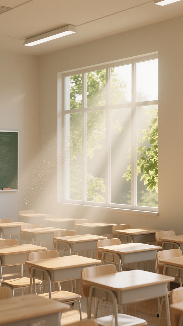 一间明亮的教室内部，整齐排列的浅色木质课桌椅，大面积的窗户让窗外的绿色树叶投影在墙上和桌面上，整体呈现出柔和的暖色调，采用极简主义的3D渲染风格，光影效果细腻，具有清晰的阴影和高光过渡，营造出宁静而温馨的氛围，阳光从窗户斜射进来，光线柔和且带有明显的光束感，空气中漂浮着细微的尘埃颗粒，增强了空间的通透感和层次感。