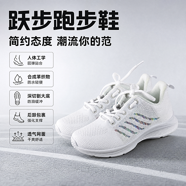 [单张主图] 跃步白色飞织网面跑步鞋，爆款促销感主图，同时传递商品卖点吸引转化。
[参考比对] 用户提供原始商品图，提取产品外观、颜色和细节，按照爆款促销感左文右品标签参数型版式生成主图，保持产品真实特征不变。
[画面主体] 一双白色跃步跑步鞋，保持产品白色飞织网面、彩色条纹装饰、轻盈鞋身的外观特征，物理结构、材质质感、颜色与输入产品图绝对一致，杜绝变形和色差。产品主体位于画面右侧偏下区域，占画面整体的55%左右，完整展示产品侧前方全貌，不裁切。
[构图版式] 本次采用左文右品标签参数型版式，左侧区域展示文字信息，右侧展示产品主体，底部保留留白，信息分区清晰，主体不被文字遮挡。
[场景元素] 背景采用干净的浅灰渐变底色，左侧文字分区排布，产品下方用浅灰色运动场地板做承托，增加场景真实感。使用5个功能图标搭配卖点标签放在左侧文字区域，图标对应人体工学、防水材质、防滑大底、透气网面、轻盈鞋身五个核心卖点。
[文案版式] 左上角大字文案写"跃步跑步鞋"，粗体黑色最大字号。下方主标题写"简约态度 潮流你的范"，字号略小黑色粗体。再往下分五个卖点标签，每个标签带一个简约线框图标，分别写：
人体工学 回弹贴合
合成革织物 防水轻便
深切割大底 防滑缓冲
后跟包裹 强化支撑
透气网面 干爽舒适
文字左对齐，每个卖点标签清晰排列，黑色文字配浅灰色细线框，不遮挡主体，信息层级清晰，主标题最大，卖点文字缩小但清晰可读。
[光影质感] 主光从左前方打来，均匀照亮鞋身，突出飞织网面的纹理质感，产品底部有自然柔和投影，整体光线通透清晰，商业摄影质感，产品细节清晰真实，画面干净高级。
[配色字体] 主色浅灰白色调，提取鞋子彩色条纹做强调色，整体配色清爽干净，符合运动商品调性。字体采用无衬线粗体，主标题字重最大，卖点文字字重略轻，对比清晰。
[比例分辨率] 1:1 比例，4K分辨率，文字清晰可辨，超高清画质。
[负向提示词] 变形，水印，错字，糊字，伪Logo，主体遮挡，背景杂乱，低清晰度，错误结构，文字错乱。