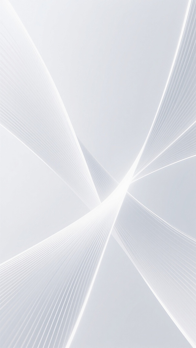 一张以纯净的白色和浅灰色为基调的抽象背景图，画面中充满了流畅、倾斜、相互交织的长条形纹理，这些纹理呈现出柔和的渐变过渡效果。整体风格简洁、现代、具有极简主义设计感。光线从左上方照射下来，在纹理的边缘和交错处形成了明亮、锐利且富有光泽的高光区域，这些高光质感清晰可见，增强了画面的层次感和立体感。背景整体给人一种干净、通透、轻盈且略带科技感的氛围，没有任何文字、LOGO、二维码或其他具象元素。