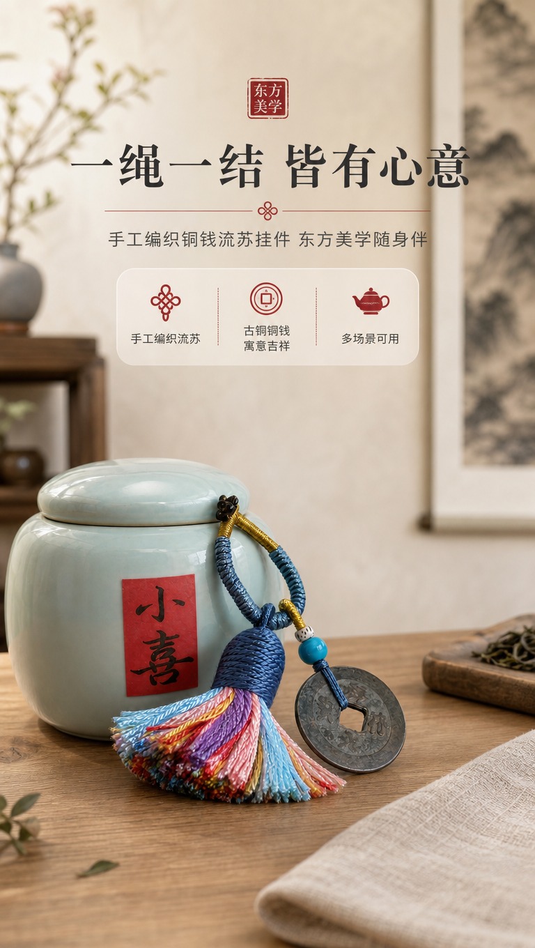 [商品] 使用【图1】雾霾蓝绳彩色流苏铜钱钥匙扣挂件；保留编织… - 图片创意预览