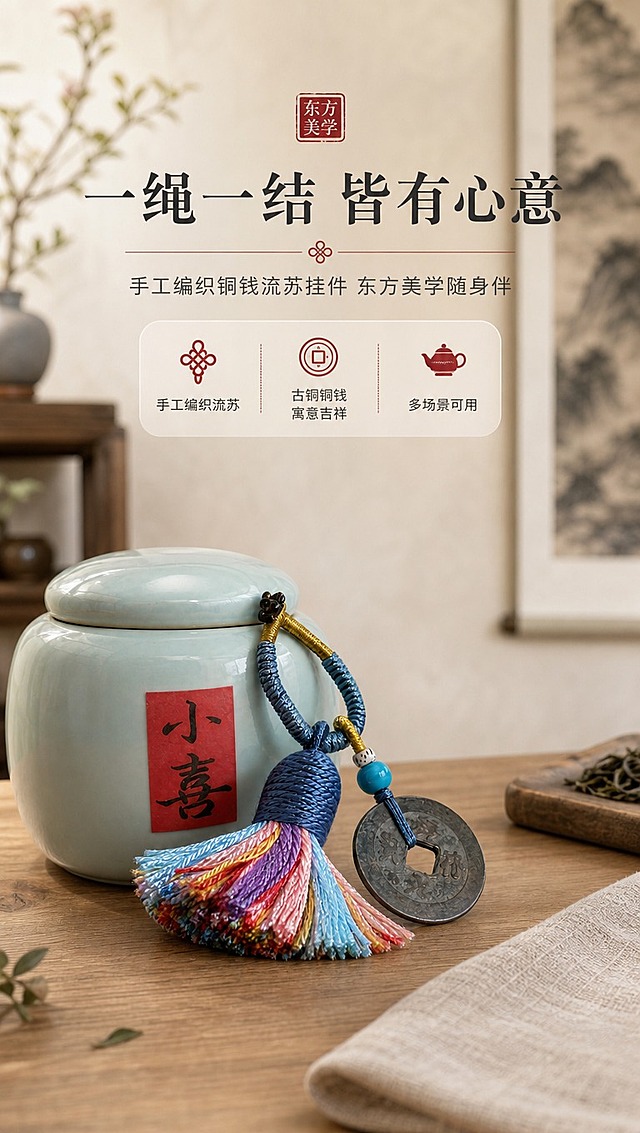 [商品] 使用【图1】雾霾蓝绳彩色流苏铜钱钥匙扣挂件；保留编织绳结、彩色渐变流苏、古铜色方孔铜钱、蓝色圆珠、白色隔珠的结构、颜色和材质；铜钱文字与纹理保持原貌，不做修改。
[画面] 页面目标：氛围头图，传递东方雅致生活美学与吉祥寓意。构图：竖版9:16，上中下三层，上方留白放标题，中部主体挂件斜搭在青瓷茶叶罐旁，置于木质茶桌上，背景虚化中式挂画与博古架一角，前景有麻布茶巾一角。主体占画面约50%，茶席场景自然真实，阅读动线从上到下。
[视觉] 套系策略：风格=东方新中式雅致商业摄影；标题字=宋体衬线粗体；正文字=简洁无衬线体；主色=暖木棕+米白；背景延展=基于暖木棕与米白做深浅层级、同色渐变和宣纸/木纹质感；强调色=朱砂红，仅用于小面积图标、引线和标签；标题色=深炭灰；正文色=中暖灰；组件=圆角浅底信息卡、细线引线、中式印章元素；光影=左前侧暖柔光，窗边自然光感。
[文字] 上方居中主标题「一绳一结 皆有心意」，副标题「手工编织铜钱流苏挂件 东方美学随身伴」，下方3个短卖点：「手工编织流苏」「古铜铜钱 寓意吉祥」「多场景可用」。文字区不遮挡挂件主体与流苏细节。
[规格] 图片比例9:16竖版，4K分辨率，避免变形、错字、文字过小、冷蓝背景、商品颜色改变、结构失真、极限词。