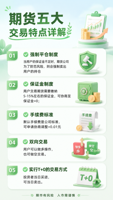一幅介绍期货五大交易特点的信息图，版式清爽舒服，整体为小清新风格，内容顺序调整为：1强制平仓制度 2保证金制度 3手续费标准 4双向交易 5实行T+0的交易方式。画面包含标题"期货五大交易特点详解"，预览效果
