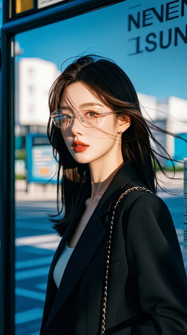 给图片中的女主戴上附件二中的无框眼镜，保持眼镜原有的粉金钛材质、无框切边款式和所有细节不改变，保持原图人物的妆容、穿着、场景和风格不变，生成9:16比例的图片预览效果