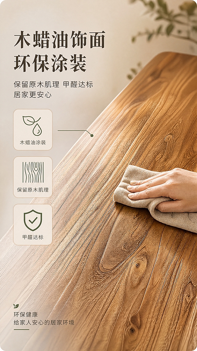 [商品] 使用【图3】老榆木桌面木纹特写图；保留老榆木暖棕木纹、大板直拼结构、自然肌理；增强木材表面木蜡油涂装的温润光泽与原木肌理质感，使漆面更自然通透，不改变桌面颜色与结构。
[画面] 页面目标：环保涂装说明，突出木蜡油饰面、环保涂装、保留原木肌理、甲醛达标。构图：左文右景，左侧约1/3文案区，右侧桌面木纹大特写占画面约65%，呈30°俯角；木纹肌理根根清晰，表面呈现温润的木蜡油光泽，一只手拿着棉麻布轻轻擦拭桌面，展示漆面质感；前景桌面清晰，后景虚化。
[视觉] 套系策略：风格=侘寂原木风高级商业摄影；标题字=现代宋体粗体；正文字=简洁无衬线体；主色=老榆木暖棕；背景延展=基于暖棕做深浅层级、米白背景同色系质感；强调色=橄榄绿，仅用于小面积图标、引线和标签；标题色=深炭棕；正文色=中暖灰；组件=圆角浅木色信息卡、细线引线、木纹图标；光影=侧上方暖柔光，突出漆面温润光泽与木纹肌理。
[文字] 左侧竖列文案区：主标题"木蜡油饰面 环保涂装"，副标题"保留原木肌理 甲醛达标 居家更安心"，下方3个环保图标+短标："木蜡油涂装""保留原木肌理""甲醛达标"；底部小字"环保健康 给家人安心的居家环境"；文字全部横排，不遮挡桌面核心木纹与漆面展示区。
[规格] 图片比例9:16竖版，4K，负向提示：避免变形、错字、文字过小、冷蓝/蓝灰背景、桌面结构改变、木纹失真、绝对化用语、平台Logo水印。