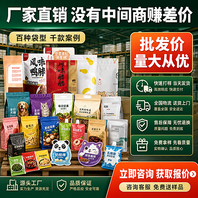 [主图-8] 价格优势与下单引导，核心任务：突出厂家直销的价格优势与服务保障，临门一脚促进用户咨询下单，强调批发价、量大从优、售后保障。
[统一基调] 整体风格为专业品质的源头工厂电商风，背景主色为深墨绿渐变到浅绿，标题字色为白色加粗大字，辅助字色为浅金色，强调色为橙红色，字体为粗黑体无衬线，字号层级分明，卡片为圆角矩形配细线边框，图标为简约线性图标。
[画面] 画面左侧展示多款堆叠陈列的食品包装袋样品，有不同材质、不同款式、不同尺寸，包装袋外观、颜色、形状、尺寸比例与输入产品图完全一致，禁止任何变形改色。样品堆放在木质托盘上，呈现量大批发的感觉。右侧为价格与服务信息区域，有醒目的价格优势说明和服务保障承诺。背景为工厂仓库虚化场景，有大量成品包装箱，体现货源充足。
[光影质感] 商业摄影质感，左侧包装袋样品主光明亮，材质清晰，堆叠自然稳定，有真实接触阴影。右侧信息区光线均匀，文字清晰。整体氛围充实有实力感。
[配色] 深墨绿背景，橙红色价格强调区，白色主要文字，浅金色辅助文字。包装袋保持原有颜色不变。
[文字版式] 画面顶部大标题“厂家直销 没有中间商赚差价”，白色粗黑体超大字。右侧区域上方橙红色大圆角框内写“批发价 量大从优”，白色粗体大字；下方四个服务保障项配图标：“快速打样 当天发货”“全国物流 送货上门”“售后保障 无忧退换”“免费拿样 先看质量”。底部超大橙红色按钮“立即咨询 获取报价”，白色粗体大字，旁边小字“咨询客服 免费送样品”。左侧样品上方有浅金色标签“百种袋型 千款案例”。
[输出要求] 1:1正方形比例，2K分辨率，视觉冲击力强，文字清晰醒目。禁止产品变形、禁止改变袋体直径、禁止改变形状、禁止改变透视角度、禁止重新绘制产品、禁止新增产品、禁止减少产品、禁止改变产品颜色。禁止水印、平台Logo、错字、模糊。