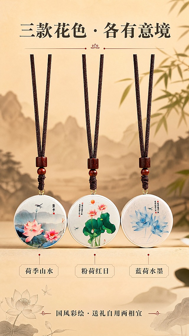 [商品] 使用【图8】三款荷花蓝牙音箱全家福（蓝荷水墨款/粉荷红日款/荷季山水款）；从左至右分别为：荷季山水款（粉荷远山）、粉荷红日款（绿叶红日）、蓝荷水墨款（蓝双荷）；保留每款的彩绘图案、书法文字、红印、金色挂环、棕色编织挂绳与木珠、圆形机身；商品处理：保留三款全部外观细节与花色差异，增强表面UV喷漆质感，三款大小比例一致，不改变任一款的图案特征。
[画面] 页面目标：系列全家福展示，呈现多SKU选择。构图：居中对称排列，三款产品并排悬挂于画面中部，占画面约60%。阅读动线：从上至下。前景浅米色哑光台面，中景为三款并列悬挂的音箱，远景暖棕色虚化山水意境背景与竹叶剪影，形成3层视觉层次。
[视觉] 套系策略：风格=东方雅致国风商业摄影；标题字=宋体衬线粗体（国风韵味）；正文字=简洁无衬线体；主色=米杏暖棕；背景延展=基于米杏暖棕做深浅层级、同色渐变与宣纸/织物细腻质感；强调色=朱砂红（仅用于小面积图标、引线、标签点缀）；标题色=深墨灰；正文色=中暖灰；组件=圆角浅米色信息卡、细线引线、水墨风装饰元素；光影=正面暖柔光，三款产品光照均匀，色彩还原准确。
[文字] 上方居中主标题"三款花色 · 各有意境"；下方对应三款分别标注横排花色名称：「荷季山水」「粉荷红日」「蓝荷水墨」；底部副标题"国风彩绘 · 送礼自用两相宜"；文字全部横排，字号清晰，手机端可读，不遮挡产品主体图案。
[规格] 图片比例9:16竖版，分辨率4K，负向提示：避免变形、错字、文字过小、冷蓝/冷灰调、三款花色混淆、大小不一致、二维码、平台Logo、绝对化用语。