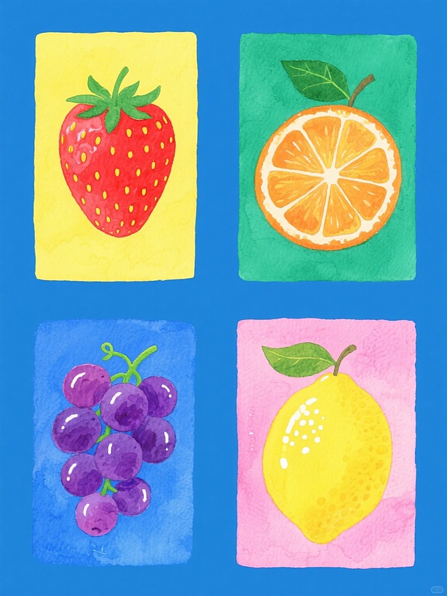 四个不同纯色背景上的水彩风格水果插画系列，保持统一的规整排布，每个水果都具有透明晕染的水彩质感、细腻的笔触变化、自然的光影过渡和鲜亮的色彩表现。第一个是纯黄色背景上的红色草莓，带有绿色叶子和黄色籽粒；第二个是纯绿色背景上的橙色橙子，带有绿色叶子和白色脉络；第三个是纯蓝色背景上的紫色葡萄，带有绿色藤蔓和白色高光；第四个是纯粉色背景上的黄色柠檬，带有绿色叶子和白色斑点。所有水果都采用相同的写实水彩风格，大小一致，位置居中，形成和谐统一的系列感。