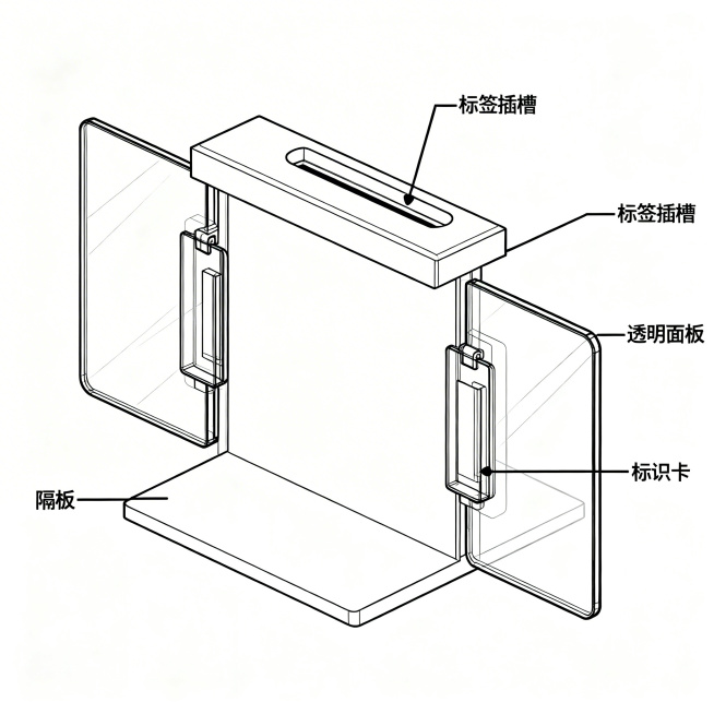 双面标识结构的剖视图，展示隔板顶部的标签插槽，两侧的透明面板，插槽内的标识卡，工业设计风格，线条清晰，标注各部件预览效果