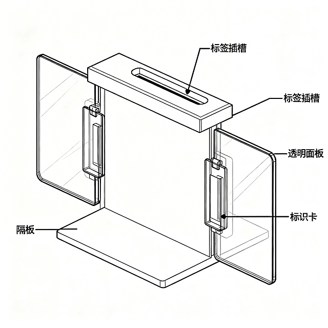 双面标识结构的剖视图，展示隔板顶部的标签插槽，两侧的透明面板，插槽内的标识卡，工业设计风格，线条清晰，标注各部件