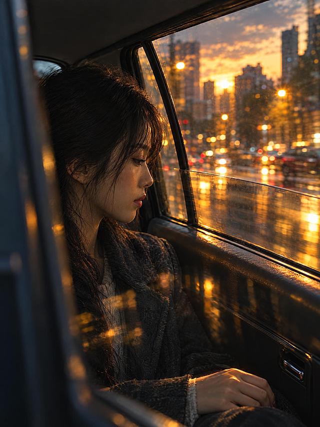 图生图：参考图的人物造型与形象延续，场景更新：竖版3:4写实电影静帧，旧轿车内景，同一位置原创东亚年轻女性坐在靠窗位置低头，暖黄晚光从窗外打在她的脸颊和手背上，玻璃上叠着模糊路灯与建筑反射，人物造型与参考图一致。画面中无文字、无水印、无logo、无字幕。超高清2K画质，细节丰富。