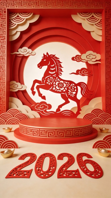 一个宏伟的马年主题电商展台，整体采用精致的红色剪纸艺术风格。展台后面是一匹巨大的、由红色剪纸构成的奔腾骏马，马身上有祥云和牡丹的镂空花纹。展台的背景和侧面装饰着层层叠叠的剪纸波浪和元宝图案，地面上有红预览效果