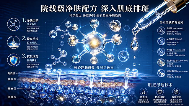 [第3张] 详情页成分机理-净肤排斑成分可视化与肌底渗透示意。本张为成分机理专页，不强制垫产品图，以成分分子和渗透机理为主视觉。
[氛围/风格] 科研院线风格，成分机理可视化，色彩光亮科技感，非黑金奢华，内容丰富专业，3D分子渲染质感。
[元素布局] 画面中心为大型3D透明分子结构，占画面约40%，分子呈现淡蓝金色发光效果；分子周围环绕多个小型成分颗粒与气泡，大小错落分布；下方为肌肤横截面分层示意图，展示成分从表皮渗透到肌底的路径，有箭头指示渗透方向；右上角有滴管滴出精华液的特写，液滴晶莹剔透；背景为深蓝色科技感渐变，带有网格线与光斑粒子；整体至少三层视觉：前景分子、中景肌肤剖面、背景科技网格。
[光影质感] 分子结构自发光效果，蓝金色光晕，肌肤剖面有层次光影，滴管液滴通透反光，整体科技光亮感强，明暗层次丰富。
[配色色系] 全局底色深蓝渐变 #1A2B4A 到 #2C4A7C；主色亮蓝 #4A9EFF；辅助色金色 #D4AF6A、白色分子高光。
[视角构图] 正面平视，中心分子为主视觉，阅读动线顶部标题 → 中心分子 → 下方渗透机理 → 右侧成分列表。
[文字版式] 顶部居中主标题「院线级净肤配方 深入肌底排斑」，白色大字；分子下方标注「核心净肤成分 分解黑色素」；左侧三条编号成分说明：「1. 净肤因子 淡化色斑」「2. 焕亮精粹 改善暗沉」「3. 抗氧成分 提亮肤色」，每条配小图标；右下角标注「肌底渗透技术」。文字清晰，专业感强。
[比例分辨率] 16:9横版比例，4K分辨率，文字清晰可辨，高清画质。
[负向提示词] 黑金奢华风格，文字错乱，分子模糊，医疗化表述，虚假功效承诺，水印，文字过小，背景模板与前两张重复，优惠信息，产品瓶身变形。
