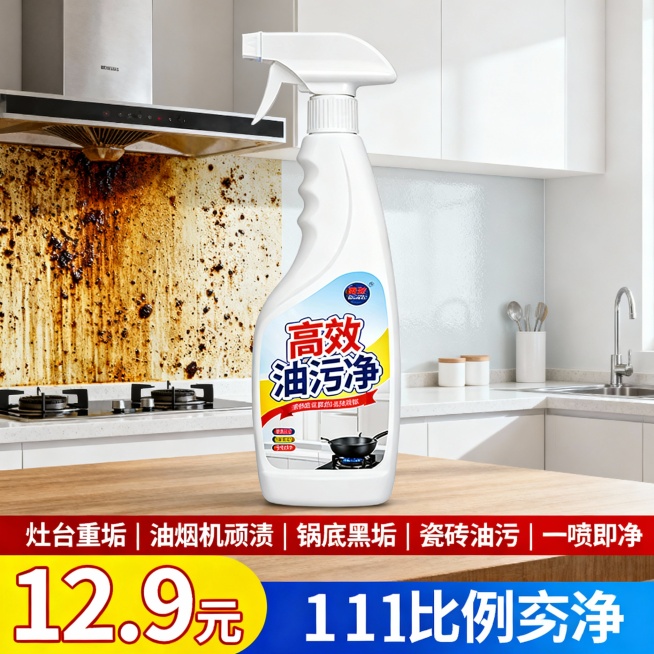 生成10张不同场景的油污净电商主图，价格“12.9元”，比例1:1，灶台重垢 | 油烟机顽渍 | 锅底黑垢 | 瓷砖油污 | 一喷即净预览效果
