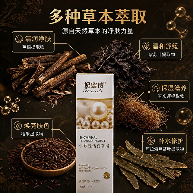 [主图-2] 核心功效与成分解析，展示多种草本萃取成分及其对应功效，突出中药草本来源。
[统一基调] 整体风格为中式草本中药质感，背景主色为深褐偏黑的中药草本色调，搭配暗金色点缀与米白辅助色；标题字色为暗金色，辅助字色为米白色；字体为干净的非衬线体，字号层级分明；卡片与图标采用细线描边+暗金色调，整体传递专业、天然、草本中药的品质感。
[画面] 产品包装盒（妃蜜诗雪珍珠洁面慕斯白色长方盒）位于画面底部中央，占画面约30%，正面视角。产品上方及四周悬浮展示多种晒干后的深褐偏黑色草本原料特写，每种草本成分用细暗金色引线连接至对应的功效说明卡片。成分包括：1）深褐色芦根干品，对应"清润净肤"；2）深黑色干草本叶，对应"温和舒缓"；3）深棕色玉米须干品，对应"保湿滋养"；4）深褐色稻米提取物颗粒，对应"焕亮肤色"；5）深绿色干芦荟叶，对应"补水修护"。画面中还点缀少量金色分子结构微粒，象征草本萃取精华。背景为深褐黑色渐变，带有淡淡的草本纹理与柔和光斑。
[光影质感] 商业摄影质感，柔光均匀布光，每种草本干料特写纹理清晰可见，产品盒体光影自然，悬浮元素有轻微的体积感与光影层次，整体画面通透有深度。
[配色] 主色调为深褐偏黑的中药草本色，成分原料本身的深褐、深黑、深棕等晒干后颜色为主视觉，搭配暗金色引线与卡片边框，米白色说明文字，产品白色包装盒提亮底部。
[文字版式] 画面顶部中央为大号暗金色主标题："多种草本萃取"；副标题为中号米白色："源自天然草本的净肤力量"。下方五个成分功效点采用环绕式排版，每个成分配一个小卡片，卡片内上方为暗金色功效关键词（大号），下方为米白色成分名（小号），用细暗金色引线指向对应草本原料。文字排版错落有致，不遮挡产品与主要成分。
[输出要求] 比例1:1，文字清晰无错字，产品清晰不变形，草本成分真实自然，画面干净专业，无水印，无平台Logo，无生产厂家信息，无极限词，无医疗功效暗示。