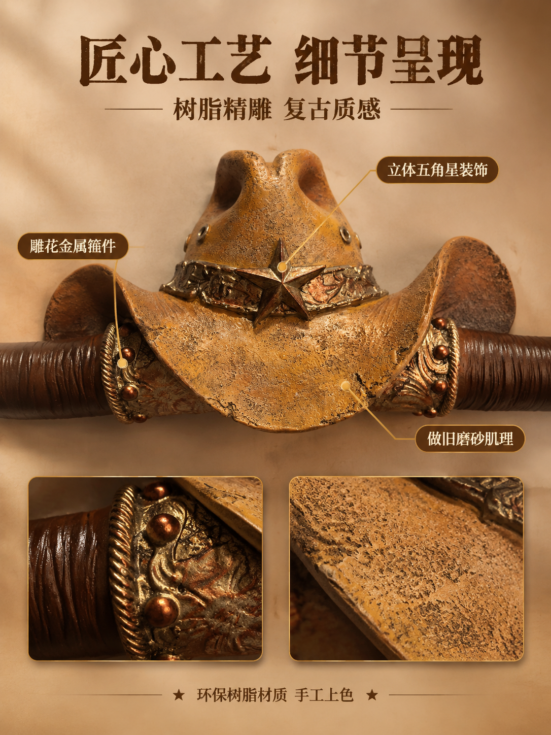 [第3张 细节工艺] 复古牛仔帽牛角墙面挂钩 产品细节展示图… - 图片创意预览