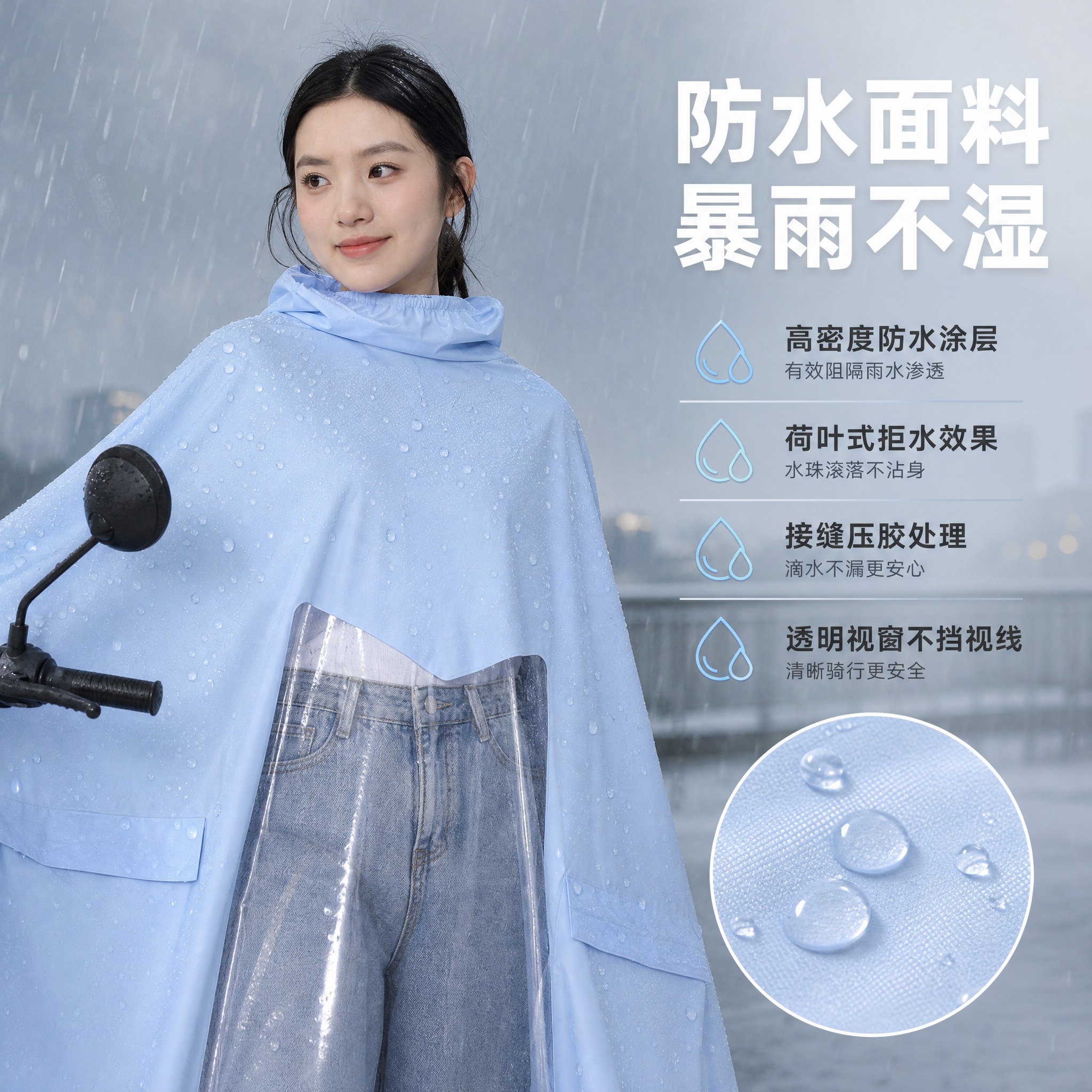 [主图-2] 电动车雨衣（带透明视窗加大遮脚款）防水功能参数展… - 图片创意预览