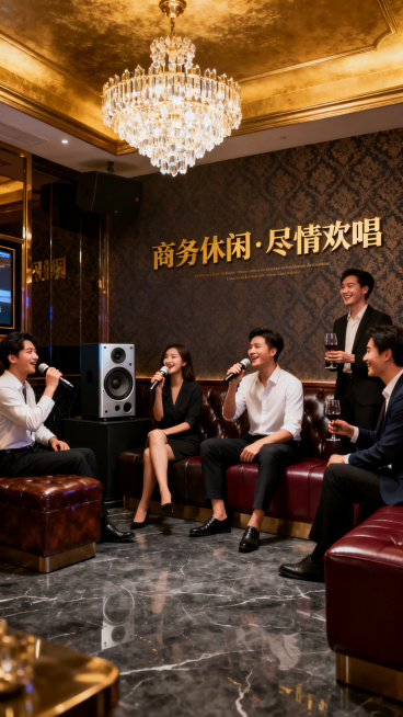 商务KTV内部场景，装修高端大气，有精致的灯光、沙发、音响设备，画面中可以出现休闲娱乐的人物，可加入合适的装饰性文字，禁止出现联系方式、二维码、logo预览效果