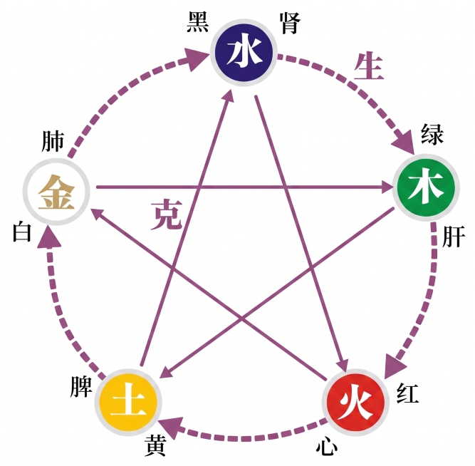 将这张五行相生相克图的背景改为白色，保持原图的文字、图形和颜色不变，生成清晰干净的五行养生图预览效果