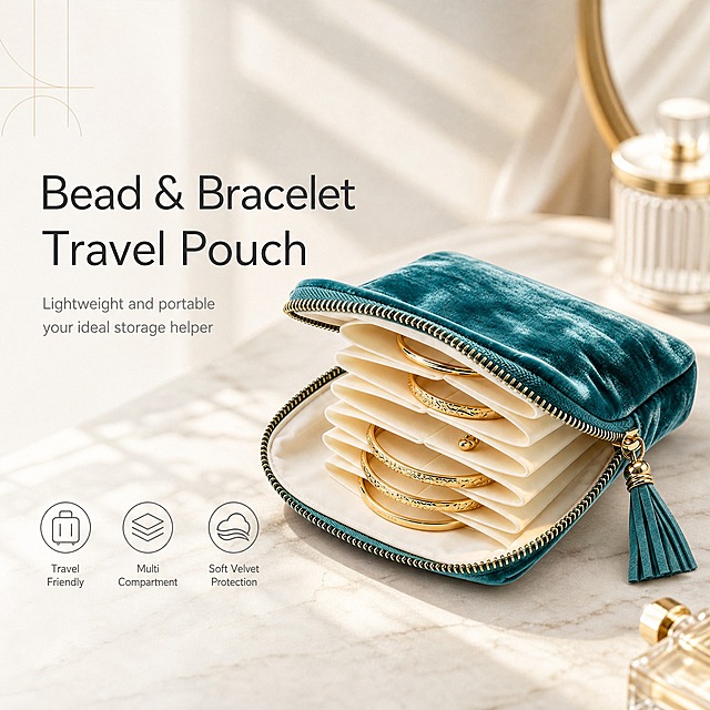[单张主图] Bead & Bracelet Travel Pouch 高级氛围感跨境电商主图，主打轻奢珠宝收纳的精致质感与便携属性。
[画面主体] 产品为孔雀蓝丝绒材质的手镯手链旅行收纳包，拉链打开状态，内部米白色多层隔页整齐排列，隔页中收纳着多只金色手镯，拉链头带有同色系流苏吊坠。产品外观、颜色、材质、结构、流苏细节与输入产品图完全一致，不得变形或改变结构。产品位于画面中偏右下位置，主体占画面约50%-55%，呈45度微俯视角度摆放，完整展示打开后的内部收纳结构和外部丝绒质感。
[构图版式] 采用「左文右物场景型」高级氛围感版式。左侧大面积留白放置英文主标题和副标题，底部点缀3个细线图标卖点；右侧产品为视觉重心，放置在柔和的浅米色大理石台面上，背景虚化延伸出优雅的梳妆台角落氛围。
[场景元素] 背景为低饱和度的米白渐变，带有柔和的窗棂光影斜射效果，营造清晨自然光的静谧氛围。产品放置在浅米色哑光大理石台面上，台面有轻微的产品接触阴影。画面左上角留白处有极淡的几何线条装饰，右下角台面边缘隐约可见一支金色香水瓶的局部作为氛围道具，不抢主体。整体画面干净、克制、有呼吸感。
[文案版式] 所有可见文字均为英文，字体使用优雅的轻无衬线字体，字重克制，靠留白与对齐分层级。
主标题位于画面左上区域，分两行排列，字号最大，深炭灰色：
第一行："Bead & Bracelet"
第二行："Travel Pouch"
主标题下方是副标题，字号约为主标题的50%，浅灰色：
"Lightweight and portable  your ideal storage helper"
画面左下角横向排列3个细线风格的圆形图标，每个图标下方配小号英文说明文字，从左到右依次为：
1. 行李箱图标 + "Travel Friendly"
2. 多层隔页图标 + "Multi Compartment"
3. 软绒材质图标 + "Soft Velvet Protection"
文字全部放在左侧留白区域，不遮挡产品主体。
[光影质感] 商业静物摄影质感，主光从左上方45度斜射，形成柔和的明暗过渡。丝绒材质表现出细腻的绒毛光泽和深邃的孔雀蓝色调，金色手镯有温润的金属反光，米白色隔页干净柔和。产品底部有自然的接触阴影，背景有轻微的浅景深虚化。整体光线明亮但不刺眼，氛围高级静谧。
[配色字体] 主色：孔雀蓝（产品色）、米白、浅灰；辅助色：金色点缀；强调色：深炭灰（标题）。字体统一使用现代轻无衬线体，主标题中等字重，副标题和说明文字常规字重，字号层级清晰。
[比例分辨率] 1:1正方形，2048x2048像素，2K分辨率，文字清晰锐利，产品细节清晰。
[负向提示词] 产品变形、结构错误、流苏缺失、颜色偏差、丝绒质感失真、手镯穿模、文字模糊、错字、水印、平台Logo、杂乱背景、多余道具、人物出现、边框装饰、促销感过强、中文文字、悬浮感、光影混乱。
