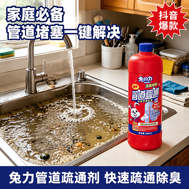 [主图-1] 厨房水槽堵塞痛点场景首图，抖音爆款管道疏通剂主图。
[氛围风格] 真实家庭厨房场景，痛点强烈，视觉冲击力强，抖音爆款风格，高清实拍质感；
[画质] 商业摄影质感、光线明亮通透、产品清晰真实、画面干净有冲击力。
[元素] 画面右侧放置一瓶红色兔之力管道疏通剂（消臭啫喱型，蓝色瓶盖，瓶身有兔子卡通形象和中文标签），产品直立放在厨房水槽边的台面上，产品占比约65%。左侧为不锈钢厨房水槽，水槽内有浑浊污水和漂浮的食物残渣、毛发等堵塞物，水龙头正在流水，水面泛起泡沫，呈现堵塞反水的真实痛点场景。背景是浅木色橱柜、白色台面，窗边有自然光洒入，台面上散落清洁海绵、清洁刷、洗洁精瓶等厨房用品，营造真实家庭厨房环境。**保持兔之力管道疏通剂产品外观（即物理结构、材质质感、红色瓶身、蓝色瓶盖、兔子图案、标签文字）与输入产品图一致，杜绝任何变形和色差，精细化处理**。产品与台面有真实接触阴影，融入环境自然，禁止边缘硬切和悬浮感。
[光影] 左侧窗边自然光为主光源，明亮柔和，右侧补光均匀，产品正面受光充足，瓶身有自然高光，水槽水面有反光，整体光线明亮通透，厨房场景真实感强。
[配色] 主色调红色（产品瓶身）+ 深蓝（标题底）+ 木色暖调（厨房场景），强调色白色（文字），整体高饱和对比强烈，符合抖音爆款视觉。
[视角构图] 平视略微俯视角度，产品在右侧为视觉重心，水槽堵塞场景在左侧形成痛点对比，景深中等，背景适度虚化突出主体。
[文字版式] 画面左上区域大标题左对齐，两行粗体大字：第一行"家庭必备"，第二行"管道堵塞一键解决"，白色粗体大字，深蓝色描边或底衬，字号大冲击力强。画面底部通栏深蓝色底，白色粗体大字："兔力管道疏通剂 快速疏通除臭"。右上角红色爆炸贴角标："抖音爆款"。文字清晰锐利，不遮挡产品主体。
[输出要求] 1:1比例，文字清晰可辨，超高清商业摄影质感。
[负向提示词] 变形，文字错乱，产品图模糊，背景杂乱，水印，电商平台Logo，多余的手，畸形手，人物面部扭曲。