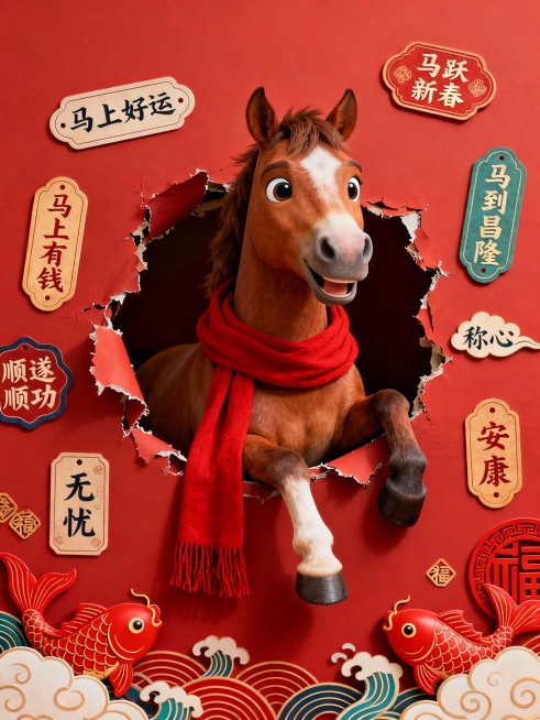拟人化马戴着一条红色的围巾，围巾垂坠感自然。从红色背景上的破洞中探出身子，前蹄搭在破洞的边缘，姿态活泼可爱，圆溜溜大眼睛，脸带笑容。背景为浓郁的大红色，周围环绕着多个形状、颜色各异的标签，标签上印有“预览效果