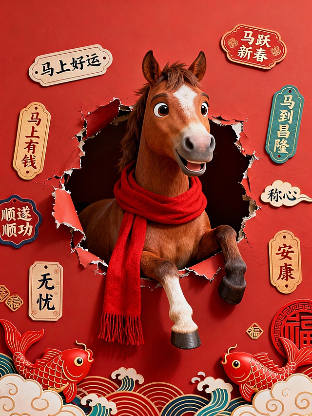 3D拟人马跃破纸而出，红围巾喜庆生动，融合剪纸风与拼贴元素，中式祝福语环绕，营造浓厚春节氛围。