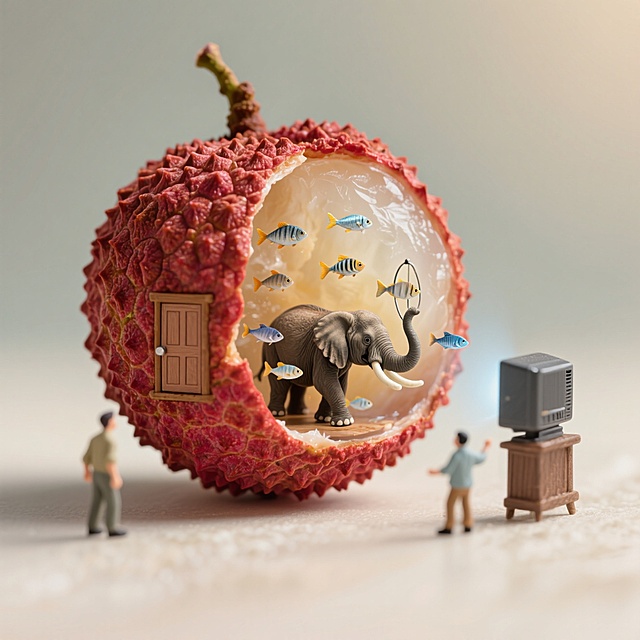 一颗巨大的荔枝外壳，果肉被掏空，外壳剥开一块，里面是一群小鱼和看电视的大象在耍杂技，荔枝壳上安了门 
。