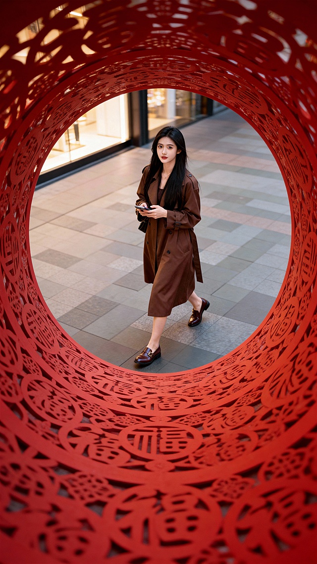 中式剪纸风与现代时尚融合，红色浮雕圆环框住优雅女性，国潮美学尽显，节日氛围浓厚。