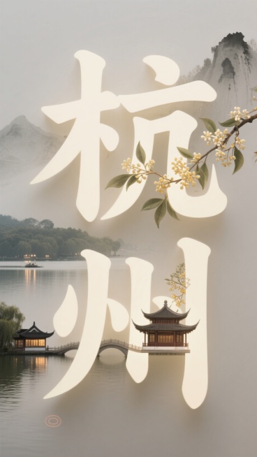 文字“杭州”，字体比划内穿插当地特色元素，比如杭州西湖、桂花、中式建筑等，背景为米白色国风水墨预览效果