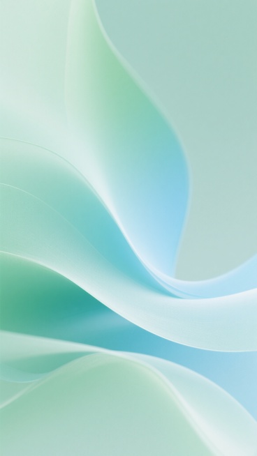 一张具有柔和渐变效果的抽象背景图，以清新的浅绿色为主色调，融合了淡蓝色的渐变过渡，整体呈现出流动感十足的曲线形态，仿佛轻盈飘逸的叶片或丝绸在微风中舒展。画面采用低饱和度的色彩搭配，光影效果柔和，高光区域自然明亮，阴影过渡细腻，营造出宁静、舒适、充满生机的氛围。设计风格简约现代，具有流畅的视觉引导线，整体构图平衡和谐，充满空气感和通透感，无任何文字、LOGO、二维码及具体物体，纯抽象的色彩与形态……预览效果