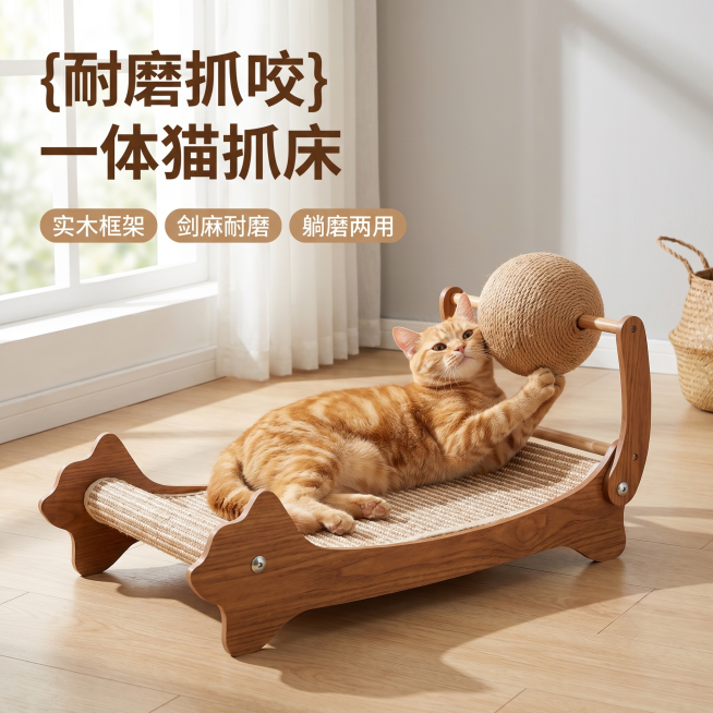 [主图-1] 实木剑麻猫抓板猫窝场景首图。
[氛围风格] 温馨治愈家居风，适合宠物生活场景
[画质] 商业摄影质感、光线柔和通透、产品清晰真实、画面干净高级
[元素] 实木框架剑麻猫抓板猫窝放置在简约预览效果